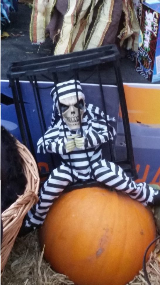 A dead person in a cage trying to get out. He is sitting on a pumpkin. Do you wanna take him home?