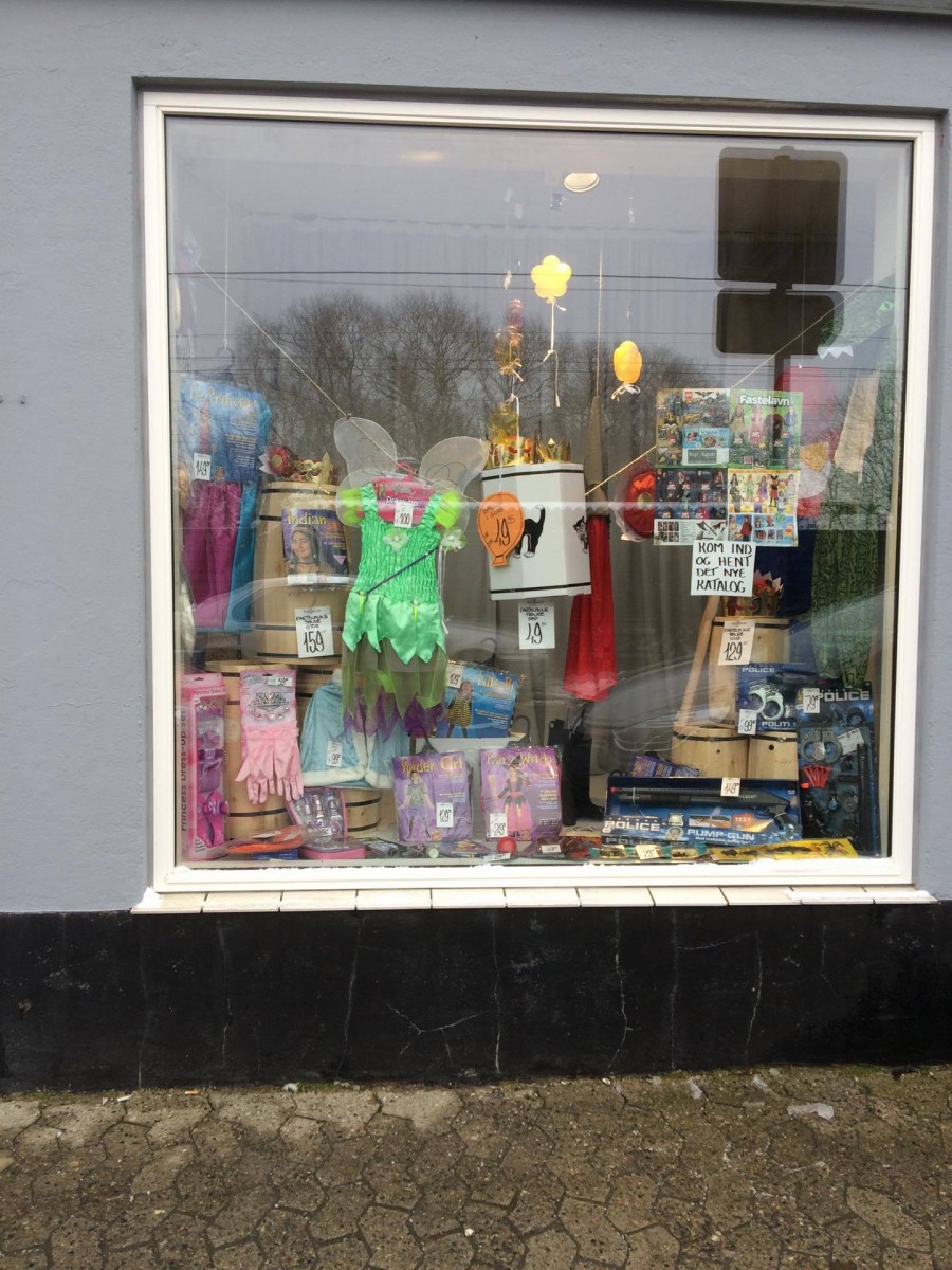 A window display of the most common things you need to buy for Fastelavn.