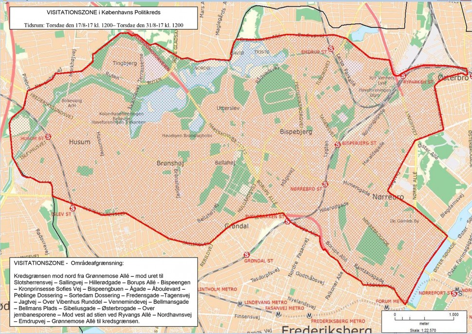 코펜하겐시경찰청이 7월20일 뇌어브로 인근에 설치한 검문 지역(코펜하겐시경찰청 제공)