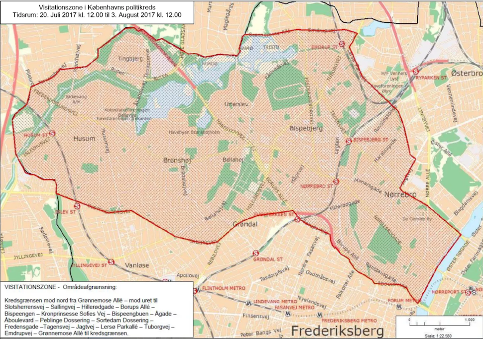 코펜하겐시경찰청이 7월20일 설치한 검문 지역 (코펜하겐시경찰청 제공)