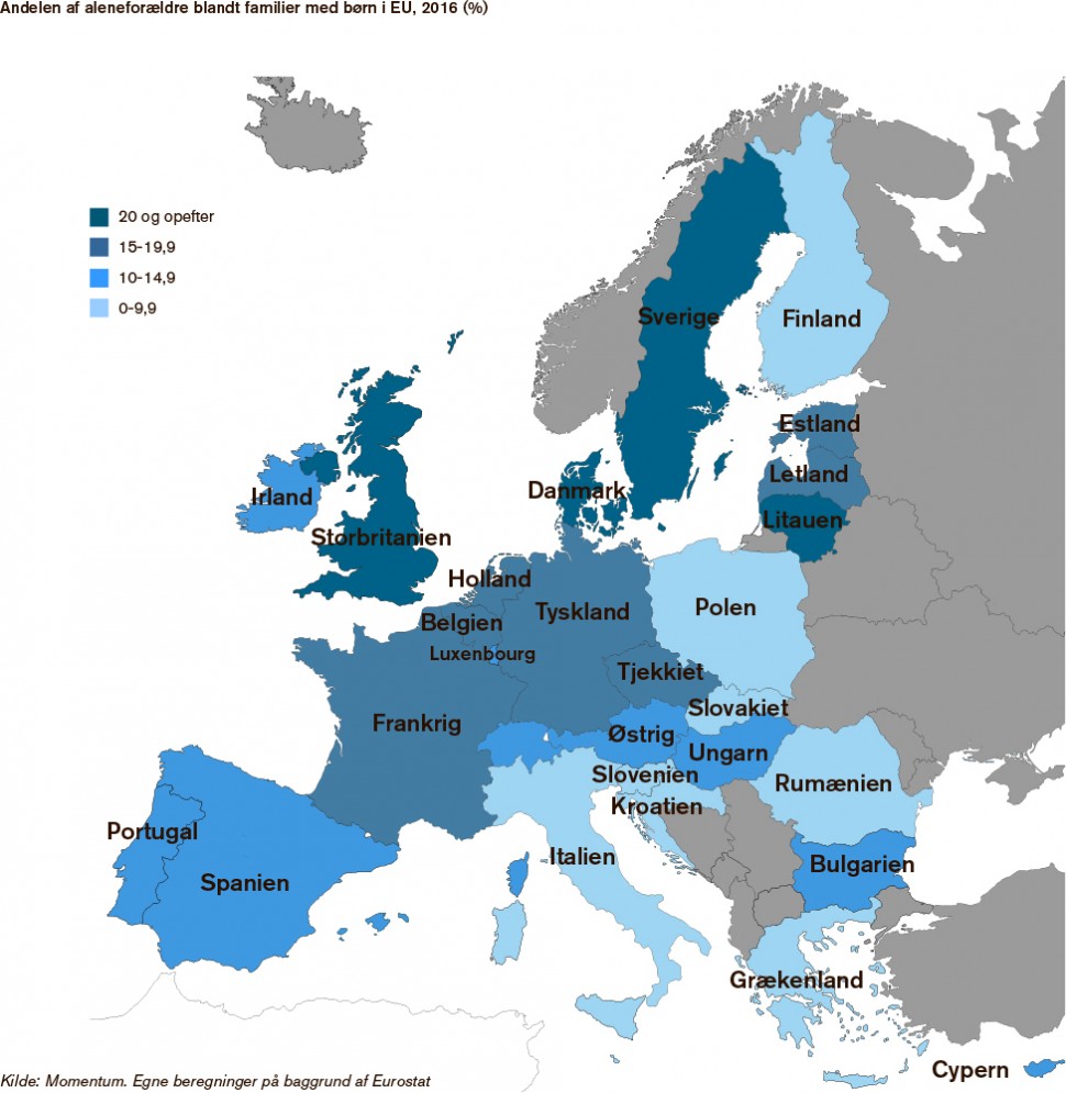 EU 회원국 한부모 가정 비율. 색이 어두울수록 전체 가정에서 한부모 가정이 차지하는 비율이 높다 (덴마크 지방자치단체연합회 제공)
