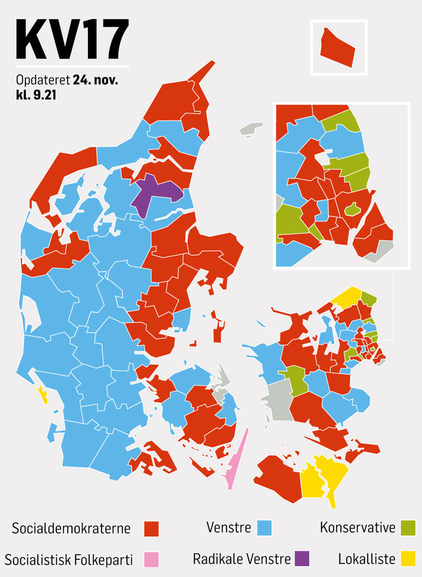 2017년 11월21일 치른 덴마크 지방선거 결과(24일 9시21분 기준). 사회민주당이 전국 98개 도시 중 45개 도시에서 시장 자리를 차지하며 연랍야당에 압승을 거뒀다. (Politiken 재인용)