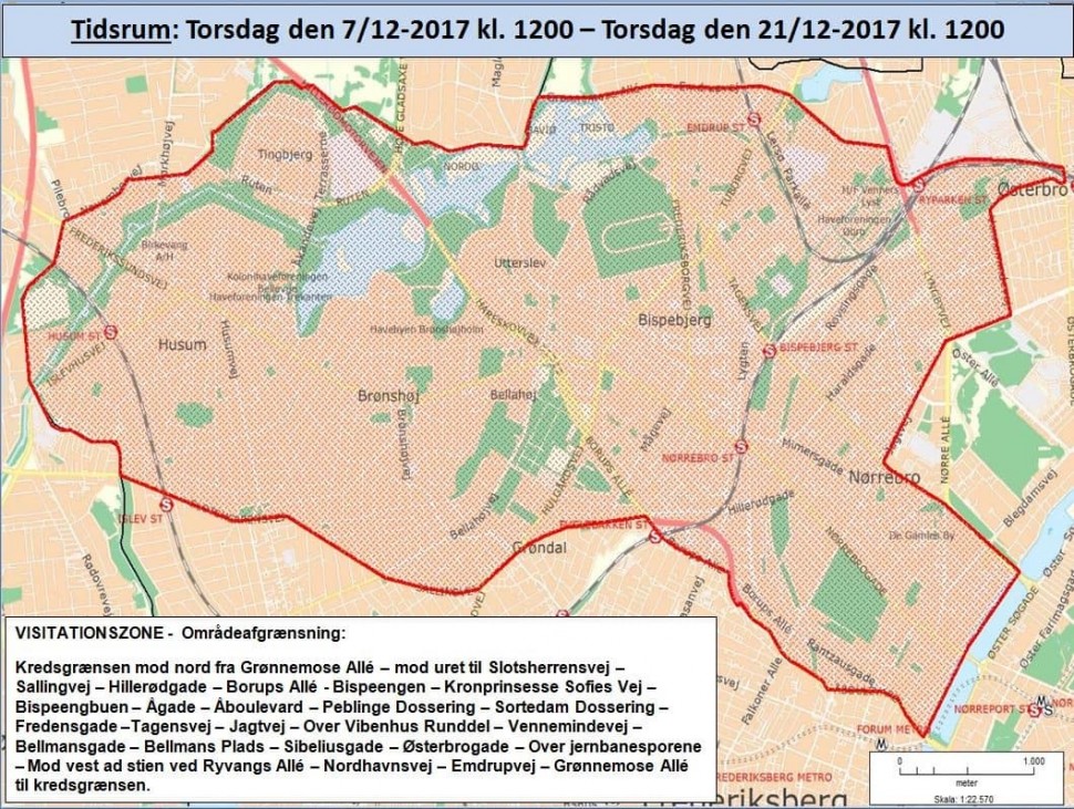 코펜하겐지방경찰청이 마지막으로 연장한 뇌어브로 인근 검문 지역. 2017년12월21일 12시까지 유효하다 (코펜하겐지방경찰청 제공)