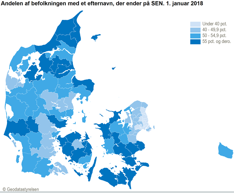 '~sen'으로 끝나는 성을 가진 인구 지역 분포 (덴마크 통계청 제공)