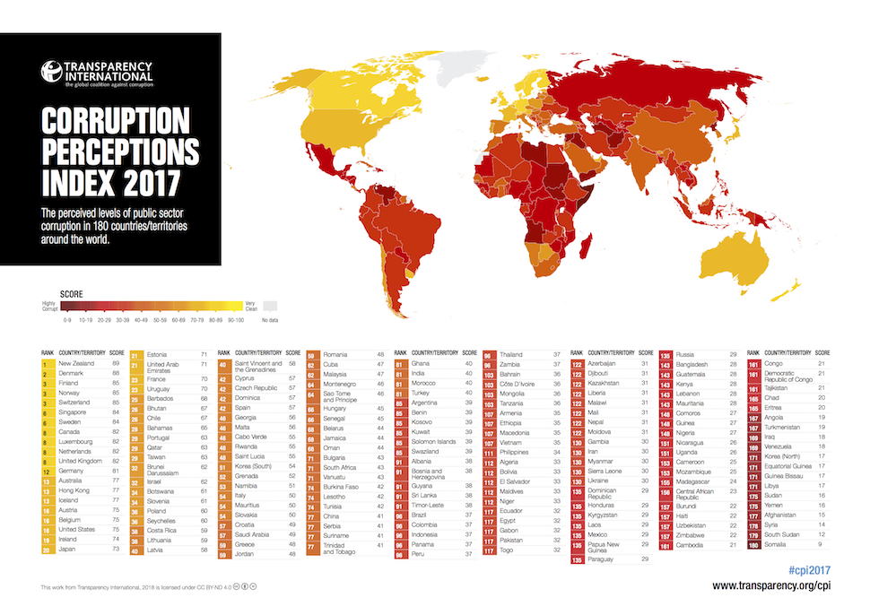 2017년 세계 부패 인식 지수 인포그래픽 (국제투명성기구 제공)