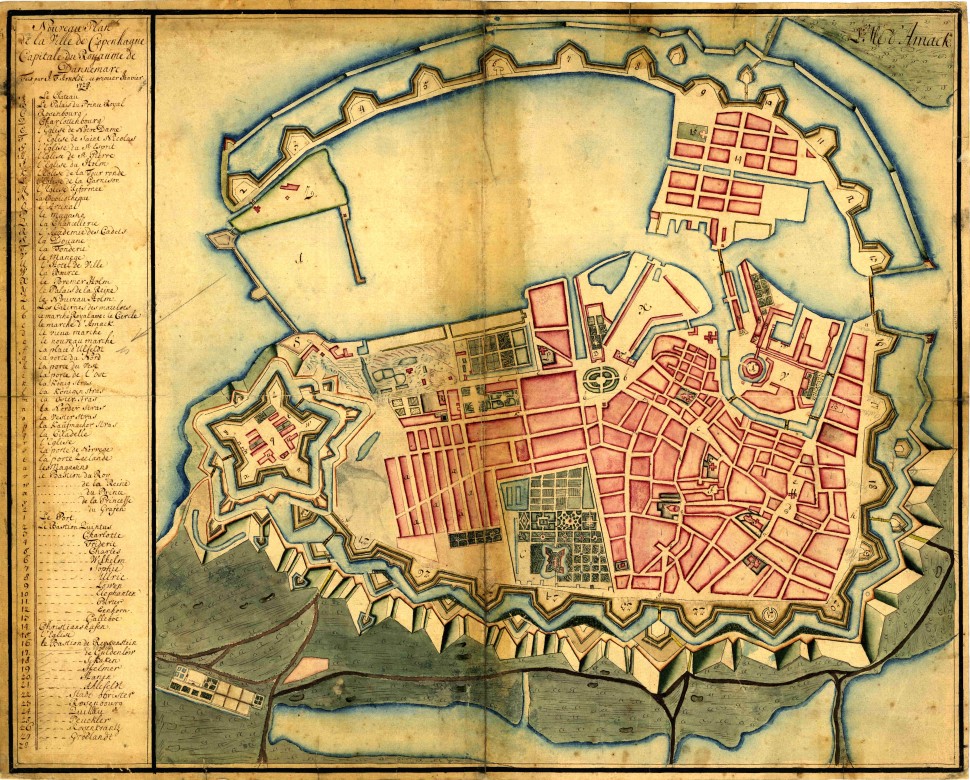 1728년 완전히 요새화된 코펜하겐 지도. 아래가 북쪽이다(출처: 위키미디어커먼즈 CC PD J.F. Arnoldt)