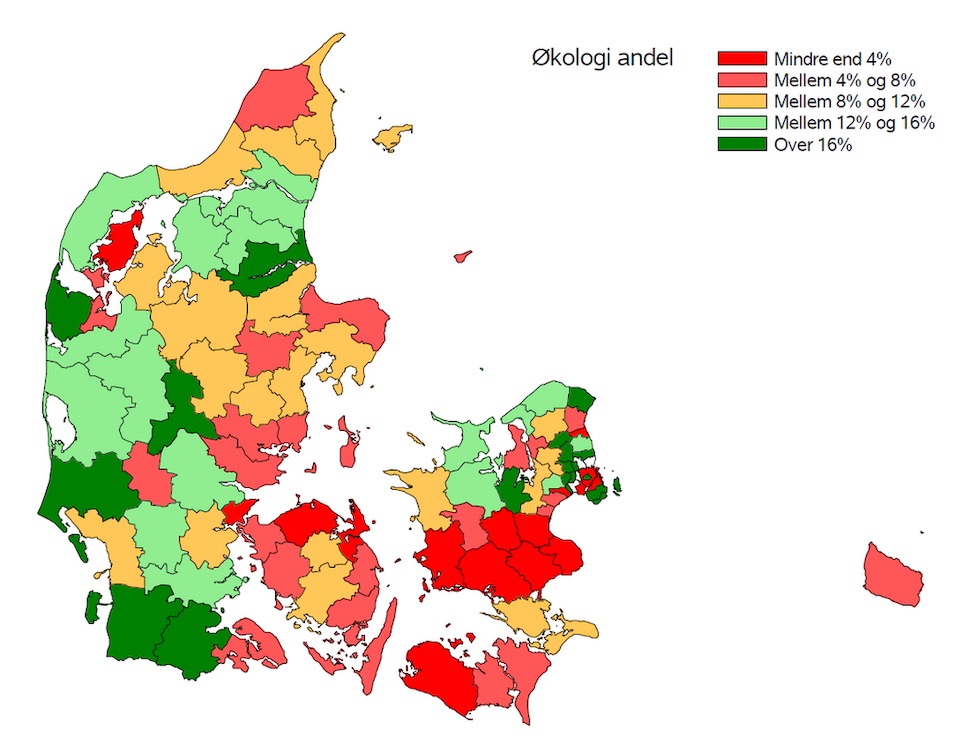 덴마크 지역별 유기농 경작지 지도. 가장 비율이 낮은 빨간색은 4% 미만, 가장 높은 녹색은 16% 초과(덴마크 농업청 제공, 2018년 5월31일 기준)