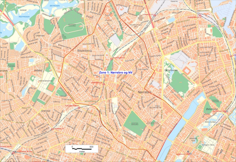 코펜하겐시지방경찰청(Kobenhavn Politi)은 4월15일부터 23일까지 코펜하겐 시내 4곳을 가중처벌 구역(skærpet strafzone)으로 지정했다. 뇌레브로(Nørrebro)와 노르베스트(Nordvest) 지역 가중처벌 구역은 보여주는 지도다(코펜하겐시경 제공)