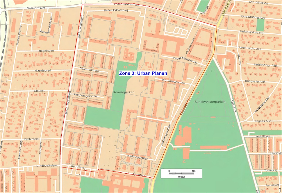 코펜하겐시지방경찰청(Kobenhavn Politi)은 4월15일부터 23일까지 코펜하겐 시내 4곳을 가중처벌 구역(skærpet strafzone)으로 지정했다. 어반플래넨(Urban Planen) 지역 가중처벌 구역은 보여주는 지도다(코펜하겐시경 제공)