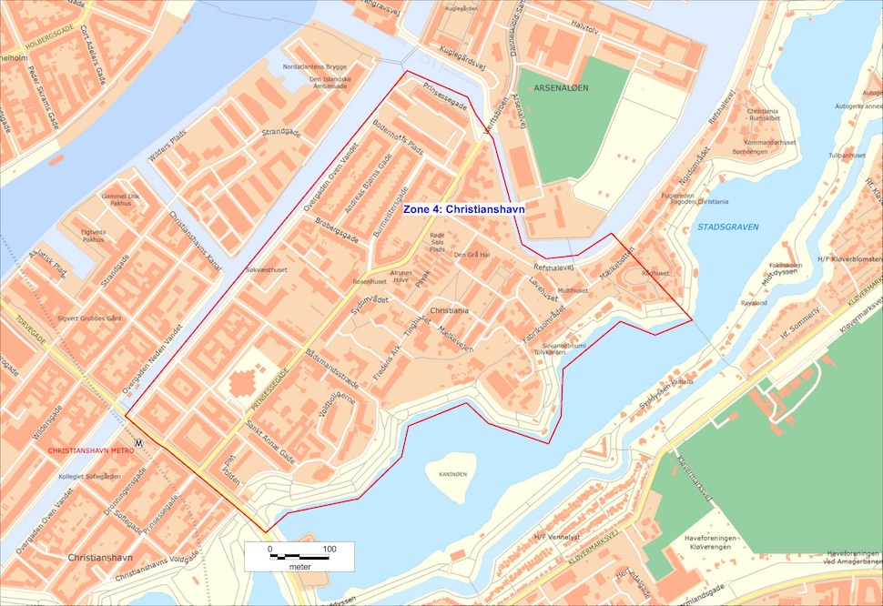 코펜하겐시지방경찰청(Kobenhavn Politi)은 4월15일부터 23일까지 코펜하겐 시내 4곳을 가중처벌 구역(skærpet strafzone)으로 지정했다. 크리스티아니아(Christiania)를 포함한 크리스티안하운(Christianhavn) 지역 가중처벌 구역은 보여주는 지도다(코펜하겐시경 제공)