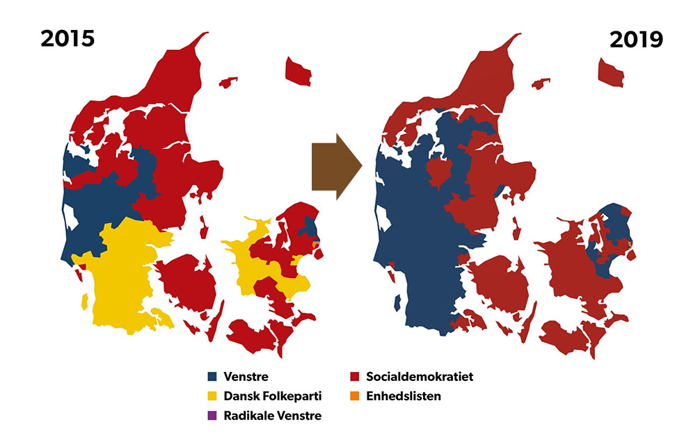 지도로 본 2019년 덴마크 국회의원 총선거 결과. 92개 지역구별로 최다 득표한 정당을 표기했다. 왼쪽 2015년 총선 결과와 비교하면 덴마크인민당의 하락세가 명백하게 보인다(DR 재인용)