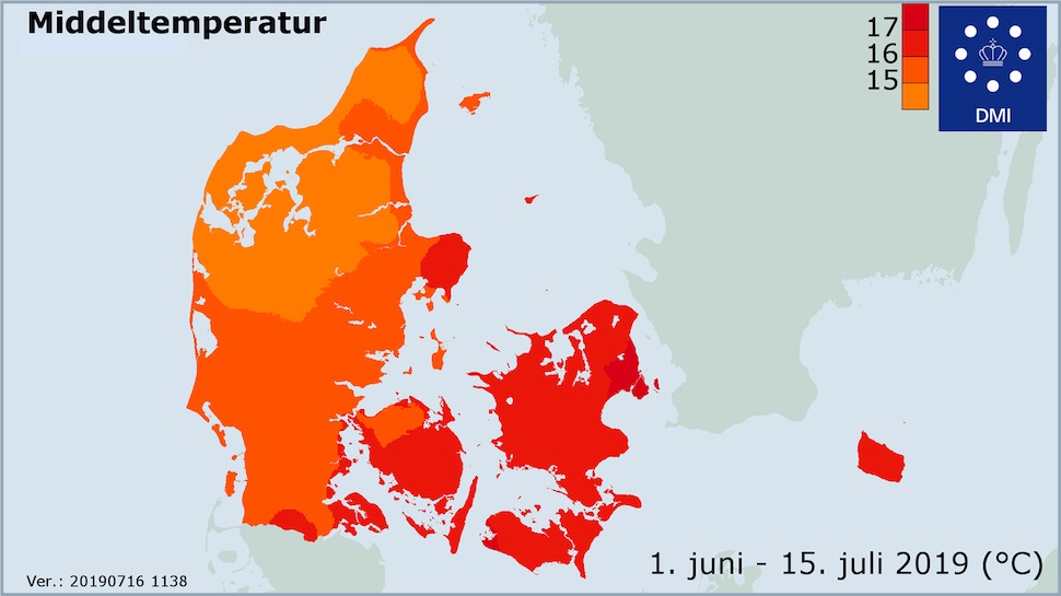 2019년 6월1일 ~ 7월15일 여름 상반기 기온(덴마크 기상청 제공)