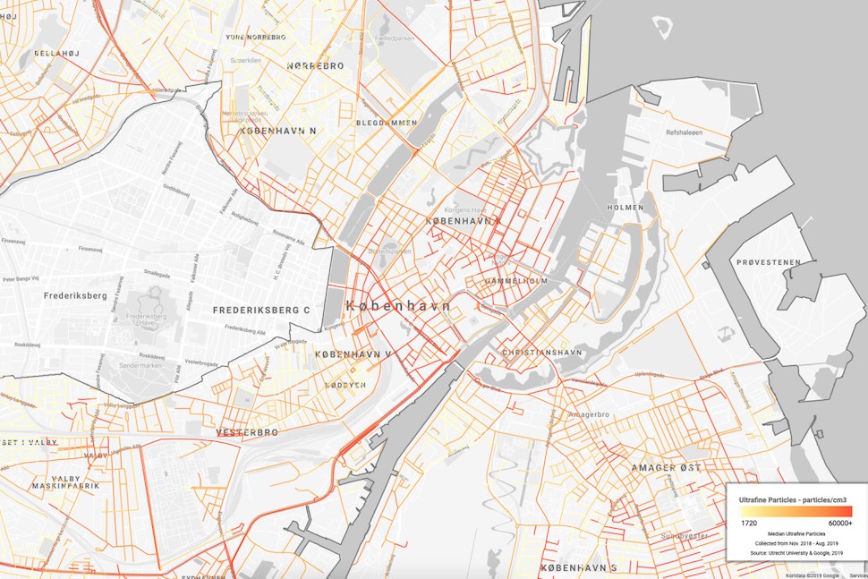 코펜하겐시 초미세먼지 지도 (구글 제공)