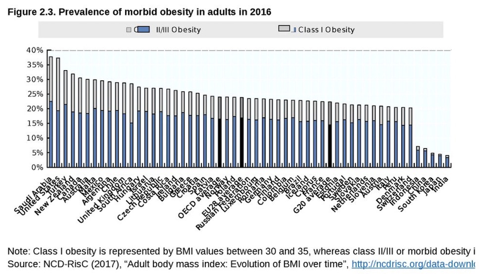 2016년 성인 비만 인구 비율(OECD 제공)