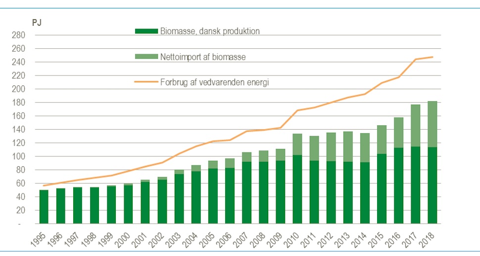 1995년부터 2018년까지 덴마크 바이오매스 및 재생가능 에너지 소비량 (덴마크 통계청 제공)